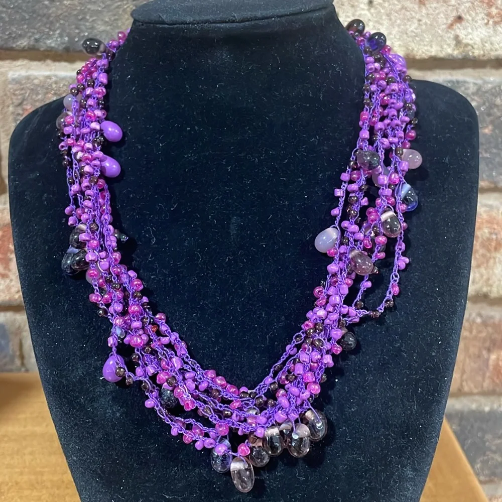 Purple glass beaded vintage multi layer necklace